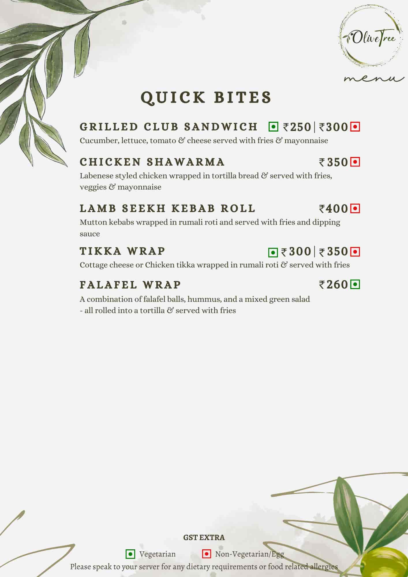 The olive tree deals menu