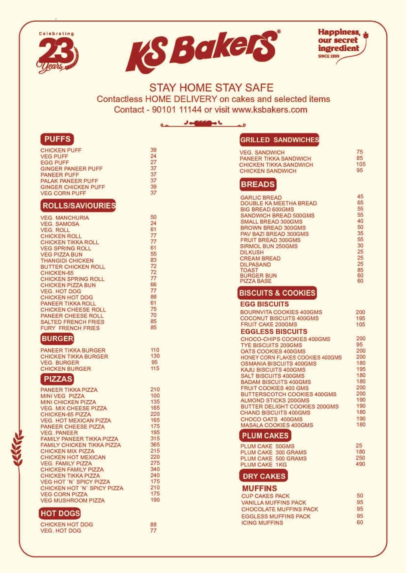 Bakers menu online