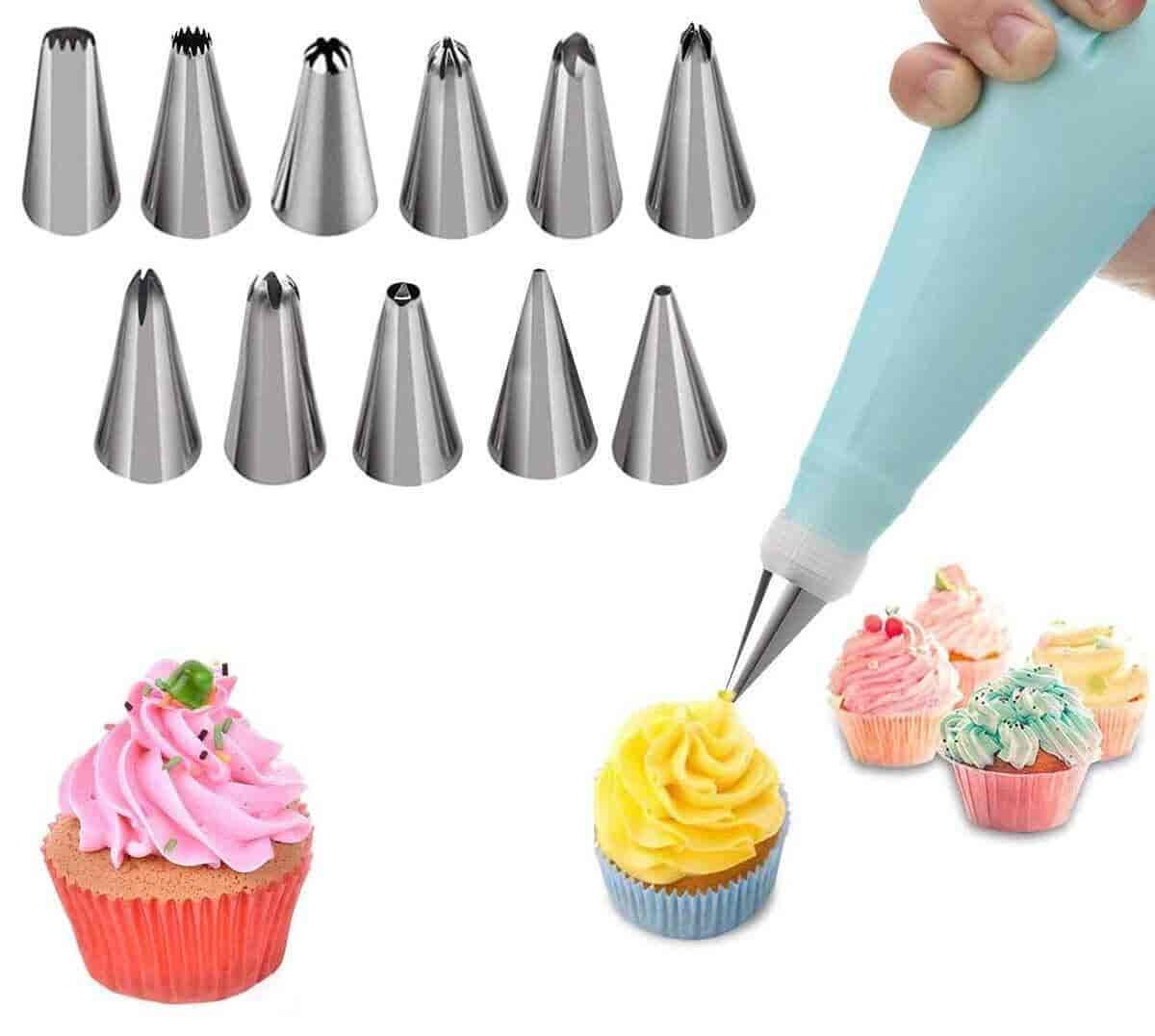 12 PC Cake Decorating Nozzle with Piping Bag Stainless Steel Piping Cream Frosting Nozzles Set Icing Tips Cake Cupcake Muffin Decorating Tool Random Icing Nozzle Amazing Shop Kalyan City Thane Maharas...