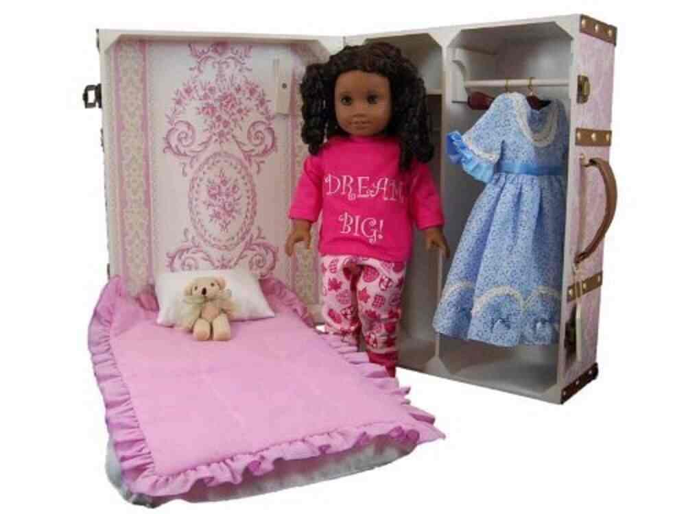 18 Doll Clothes Storage Trunk Suitcase Doll Bed Bedding Hangers