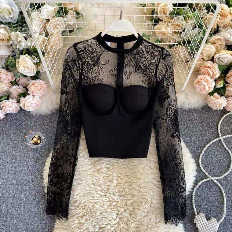 Black lace saree blouse long sleeve sale