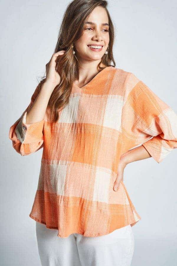 AND Cotton Half Sleeves Orange Women Readymade Blouse - AND Cotton