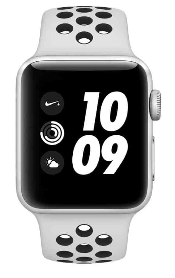silver aluminum apple watch with black band