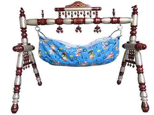 Hastakala Bazaar Babys Wooden Ghodiya Folding Cradle Strong Swing Pearl White Cherry Golden