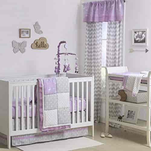Purple And Grey Woodland And Geometric 3 Piece Crib Bedding By The
