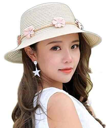 Freedi Womens Sun Straw Hat Foldable Large Wide Brim Travel Beach Bow Bucket Cord Visor Cap