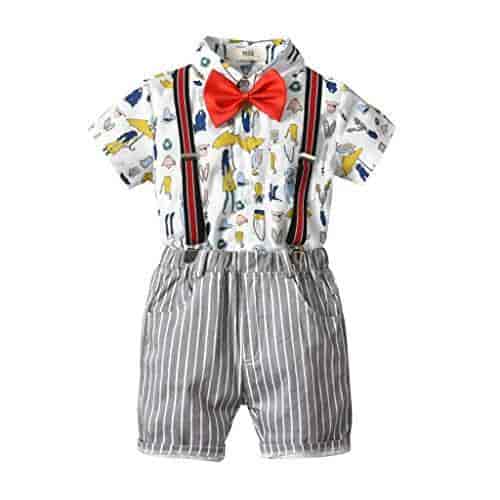 Fabal Infant Baby Boy Gentleman Suit Bow Plaid Tie Shirt Suspenders Shorts Outfit Set