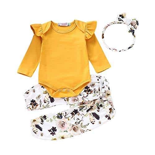 Newborn Baby Girls Floral Romper Tops Jumpsuit Long Pants Headband Outfits Sets