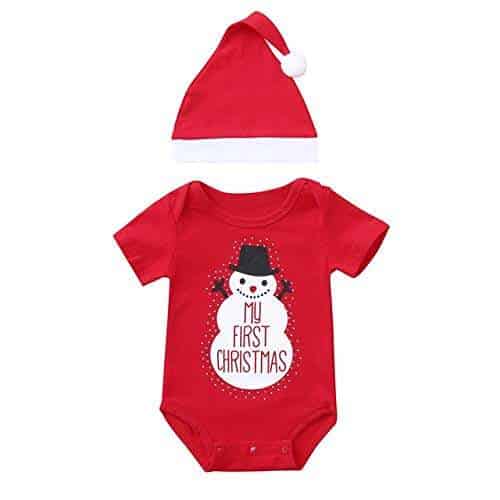 2Pcs Newborn Baby Boys Girls Christmas Costume Bodysuit Romper Hat Set Clothes