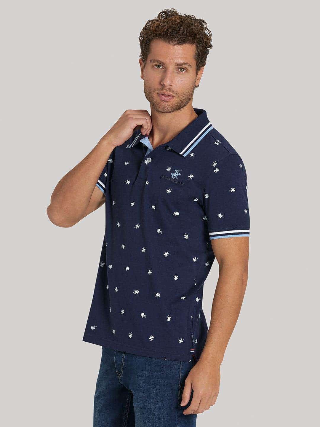 BEVERLY HILLS POLO CLUB All Over Toss Polo T Shirt True Navy L