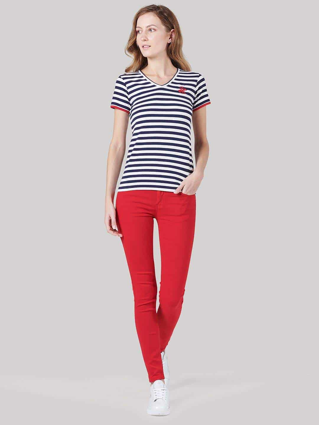 BEVERLY HILLS POLO CLUB Yarn Dye Stripe V-Neck Tee Binding True Navy L