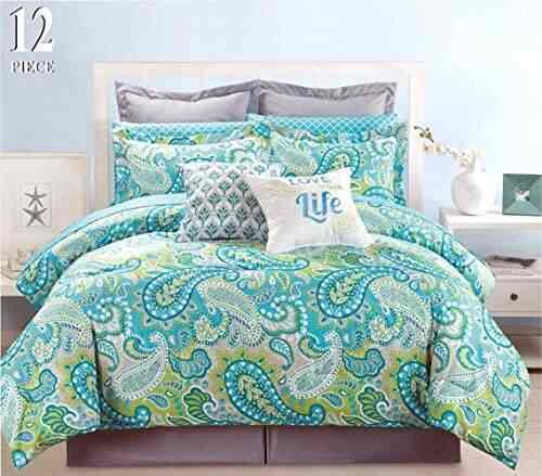 California King 12 Piece Modern Bedding Turquoise Blue Grey And Green Paisley Cal Comforter Set Bed In A Bag With Sheets Pillow Cases Euro Shams Accent 12 Piece Modern Bedding Turquoise Blue, California King Turquoise Bedding
