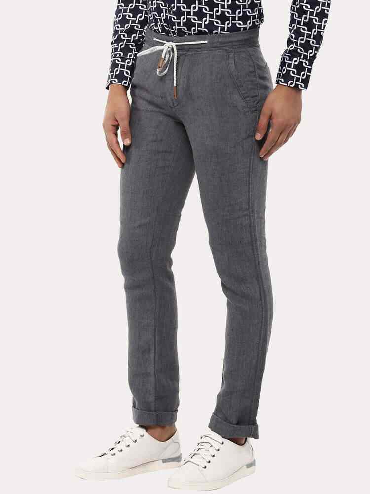 Celio Grey 100% Linen Straight Men's Pants (Size: 33, GOJOLLINI@ANTHRACITE)