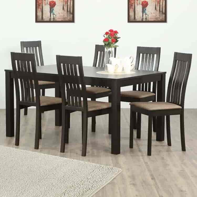 Home Centre Diana Brown Rubber Wood 6-Seater Dining Table Set With Chairs