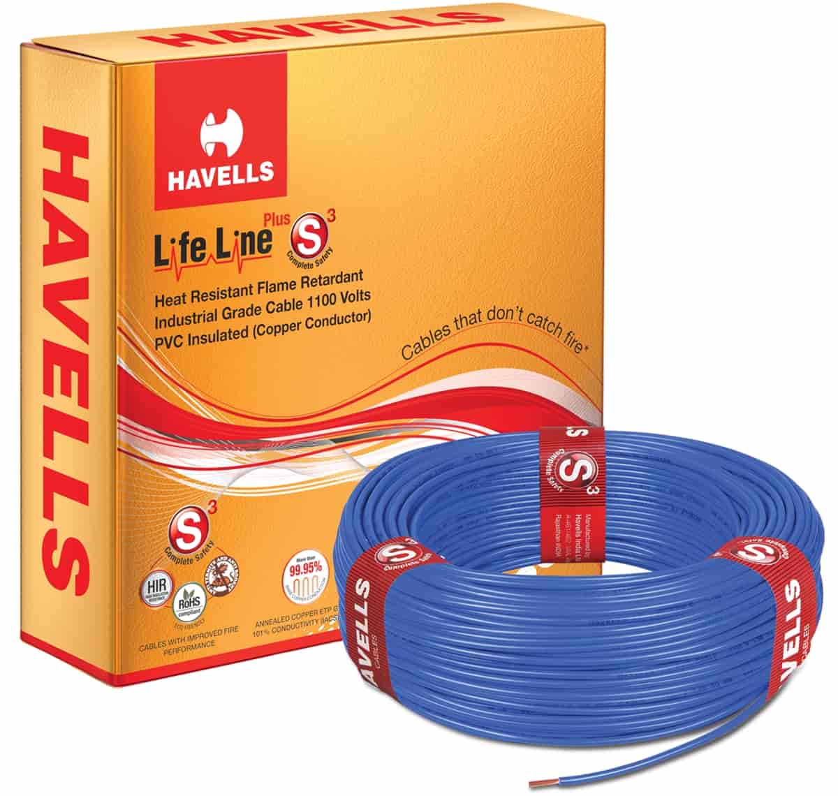 HAVELLS Life Line Plus S3 Flame Retardant Heat Resistant Cable (Blue, WHFFDNBA12X5, 90 mtr)