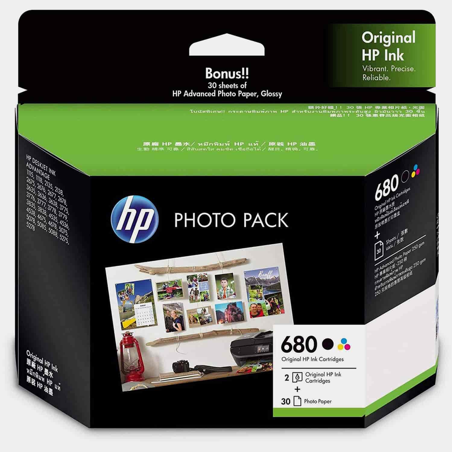 Hp Ink Cartridges Combo Pack 680 1 Black Cartridge + 1 Tri-Color Cartridge + 30 Photo Paper Sheets