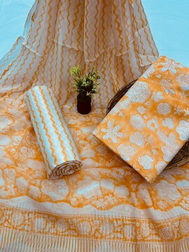 white christmas dresses Jaipuri Unstitched Dress Material Hand Block Printed Cotton Suit With –  Jaipur Bazar main image 1