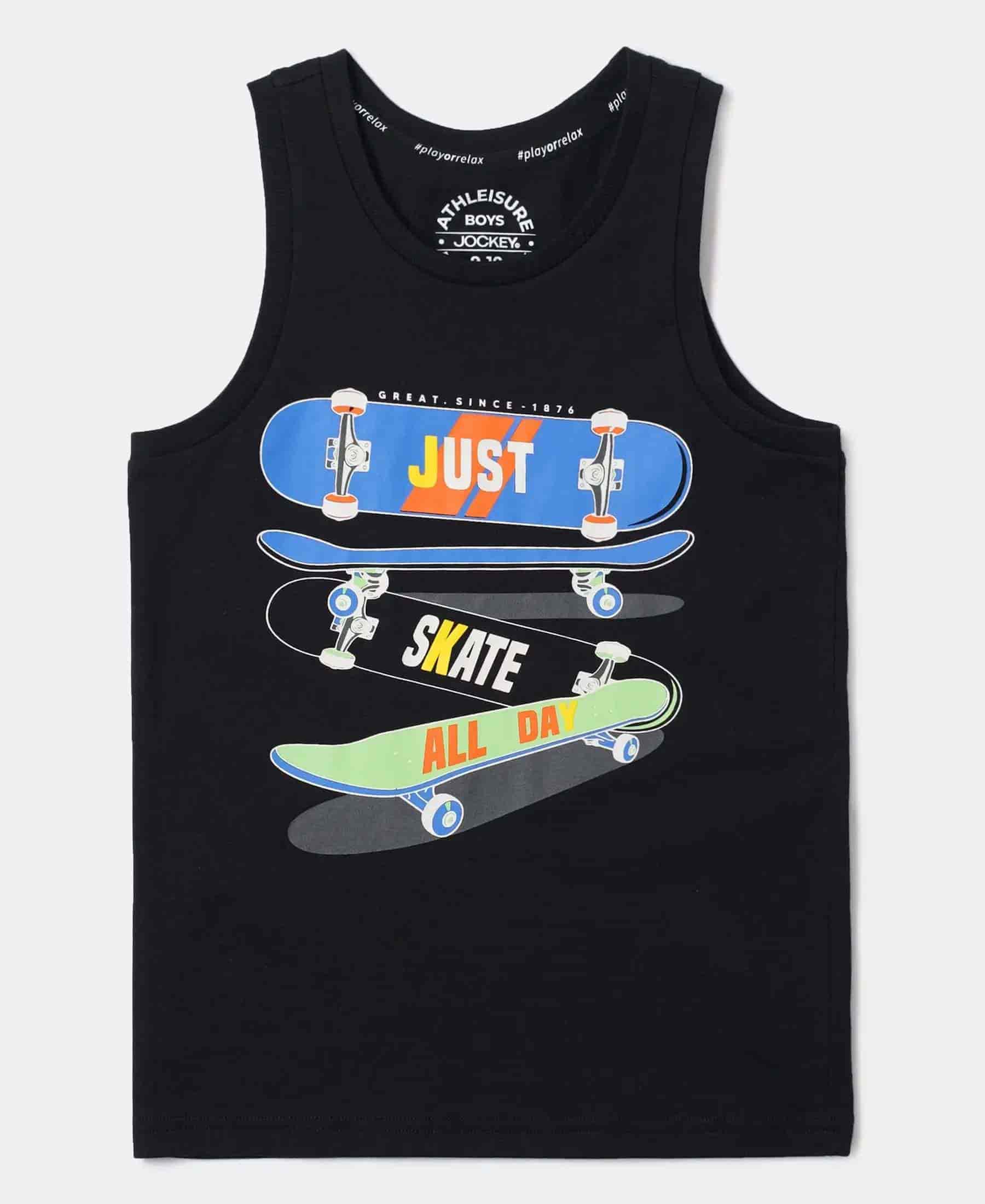 Jockey Boy's Super Combed Cotton Graphic Printed Tank Top (Black, 7 - 8 Years)