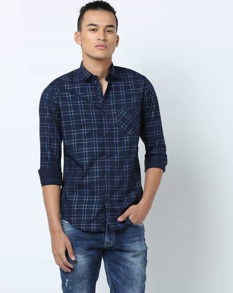 KILLER Mens Checked Slim Fit Shirt with Patch Pocket (Navy, Size: L)