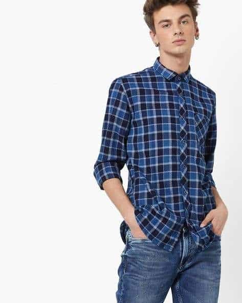 KILLER Mens Checked Slim Fit Shirtwith Patch Pocket (Blue, Size: XL)
