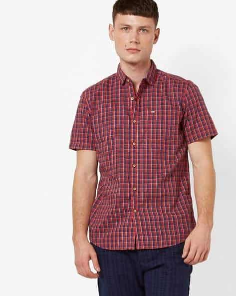 LEE Mens Checked Slim Fit Shirt with Patch Pocket (Red, 460233560003, Size: L)
