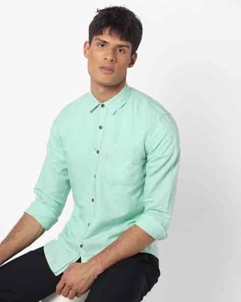 LEE Mens Slim Fit Shirt with Patch Pocket (Light Green, Size: XL)