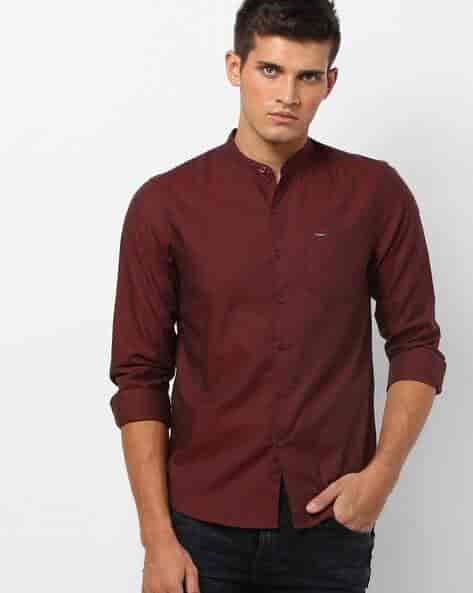 LEE Mens Slim Fit Shirt with Patch Pocket (Maroon, 460233574003, Size: L)