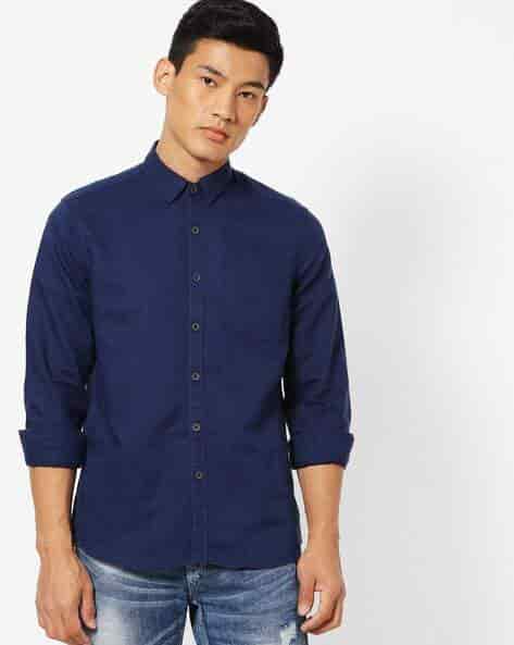 LEE Mens Slim Fit Shirt with Patch Pocket (Navy Blue, Size: S)