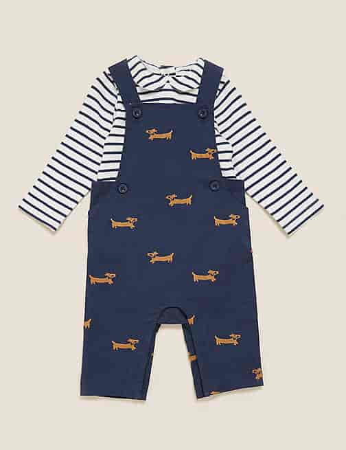 MARKS & SPENCER 2pc Cotton Embroidered Dog Dungaree Outfit (0-3 Yrs)