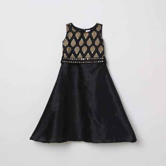MAX Foil Print A-Line Dress with Mirror Work (Black, 1000008989567)