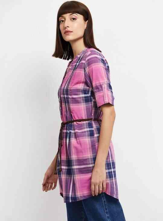 MAX Checked Tunic with Belt for Womens (Purple, 1000009839574)
