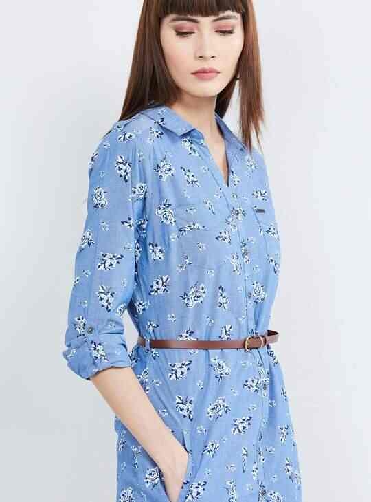 MAX Roll-Up Sleeves Floral Print Womens Shirt Tunic (Blue, 1000008683786)