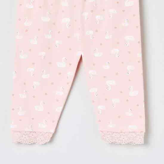 MAX Swan Print 3/4Th Leggings with Lace Trim (Pink, 1000009004952)