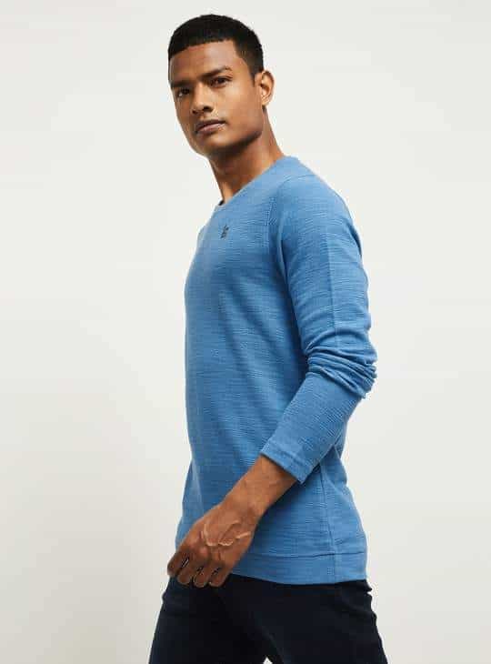 MAX Appliqued Ultra-Slim Full Sleeves Mens T-Shirt (Blue, 1000009845014)