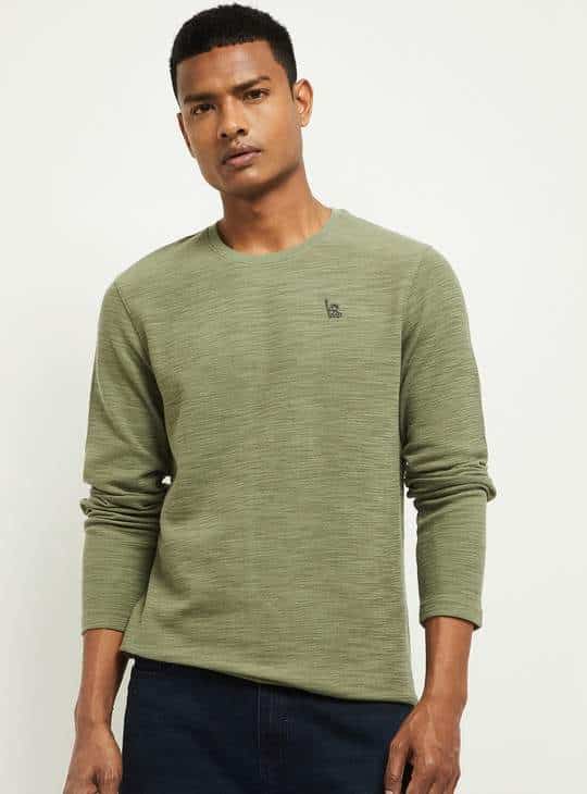 MAX Appliqued Ultra-Slim Full Sleeves Mens T-Shirt (Green, 1000009845014)