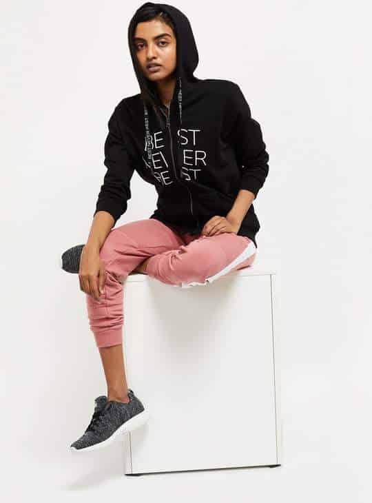 MAX Typographic Print Zip-Front Hoodie for Womens (Black, 1000009311342)