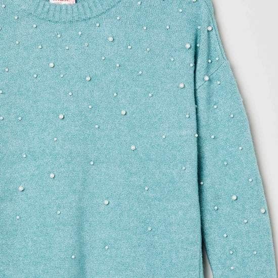 MAX Beaded Round-Neck Girls Sweater (Green, 1000009270258)