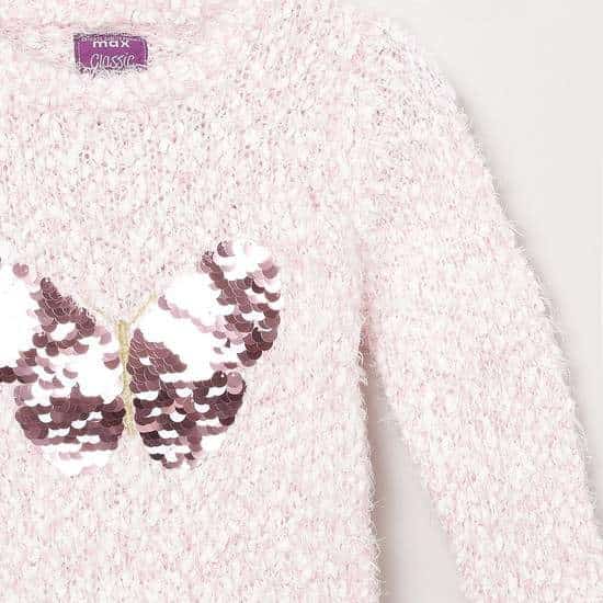 MAX Butterfly Embellished Full Sleeves Girls Sweater (Pink, 1000009216009)