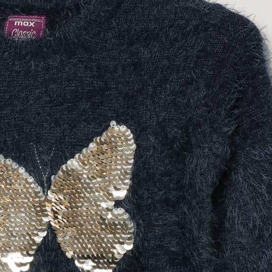 MAX Faux-Fur Trim Girls Sweater with Sequin Embellishments (Blue, 1000009216100)