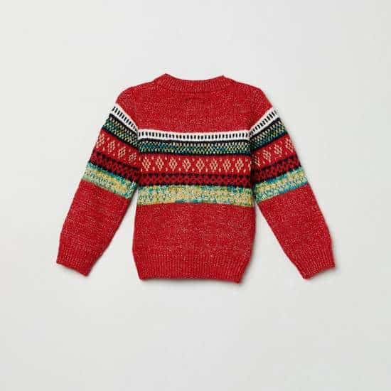 MAX Jacquard Patterned Full Sleeves Girls Sweater (Red, 1000009347660)