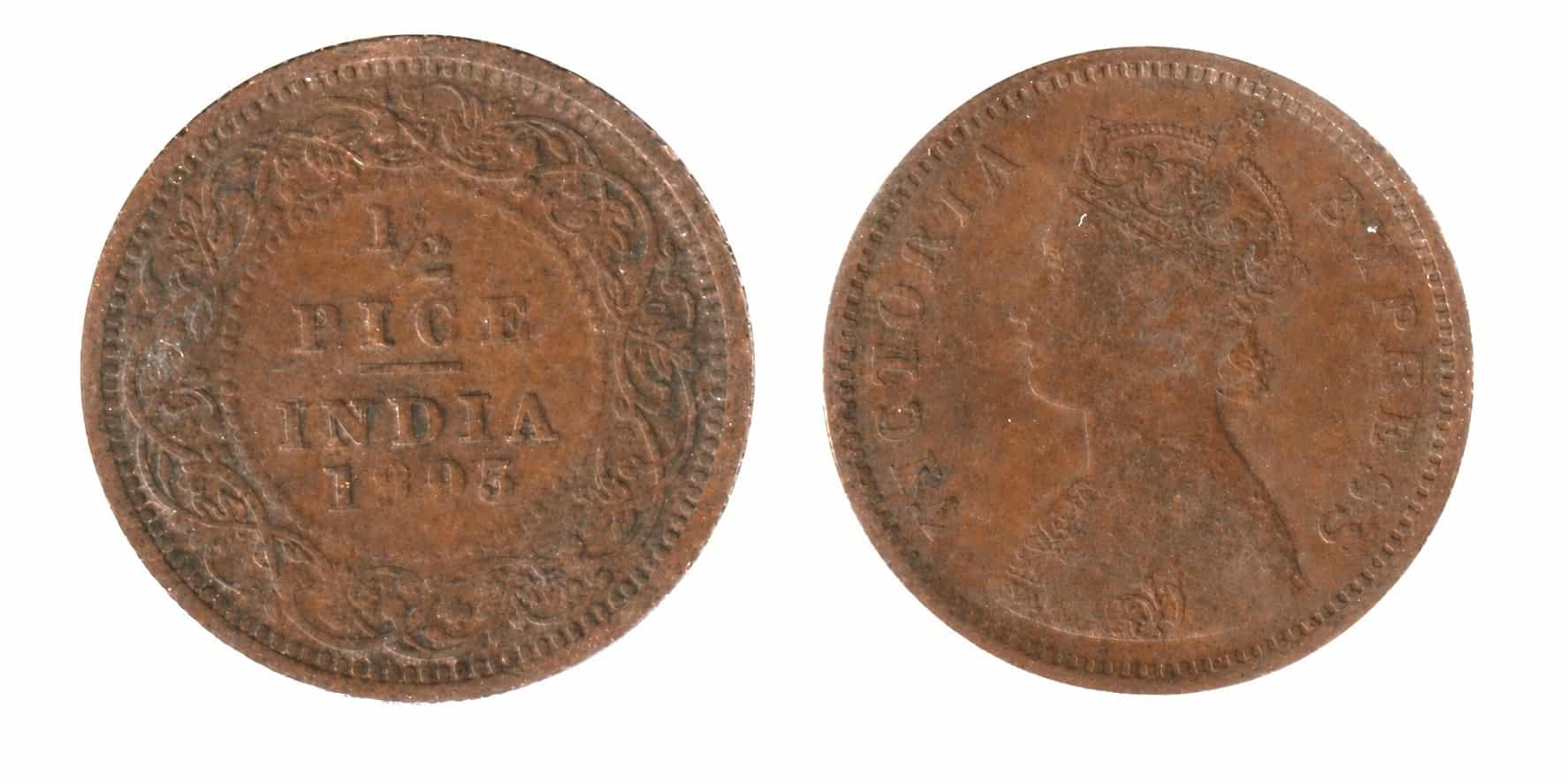 1/2 Pice 1893 Calcutta Mint - Victoria Queen, British India Copper