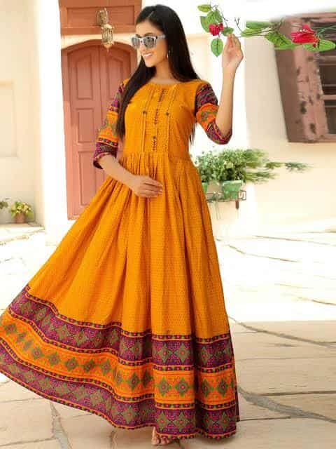Blue Shaded Long Pleated Anarkali Kurti in Chinon with Bandhej Print