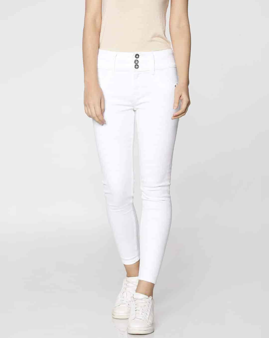 ONLY 204893001-White-Denim 25 White High Waist Button Detail Ankle Length Skinny Fit Jeans