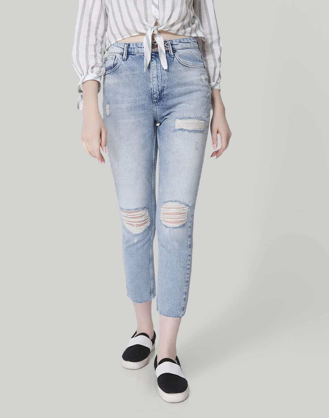 ONLY Light Blue High Waist Distressed Boyfriend Women's Jeans (Size: 28, 15152339)