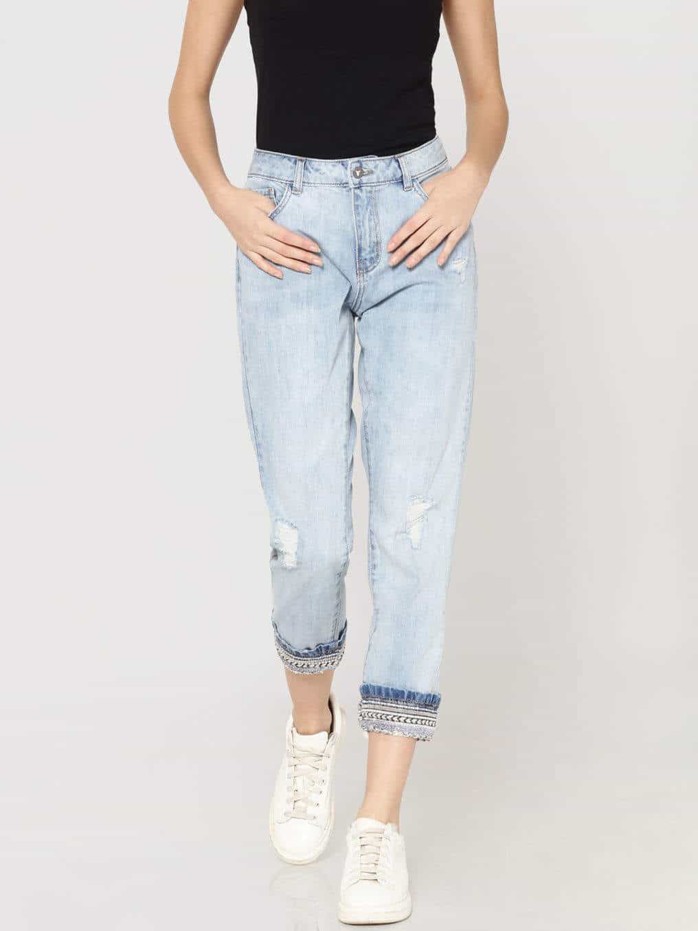 ONLY Light Blue Mid Rise Distressed Embellished Boyfriend Women's Jeans (Size: 28, 15158561)