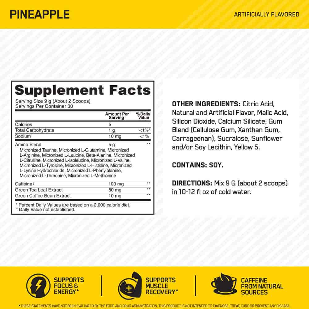 Optimum Nutrition (ON) Essential Amin.O. Energy Supplement (Pineapple, 30 Servings)