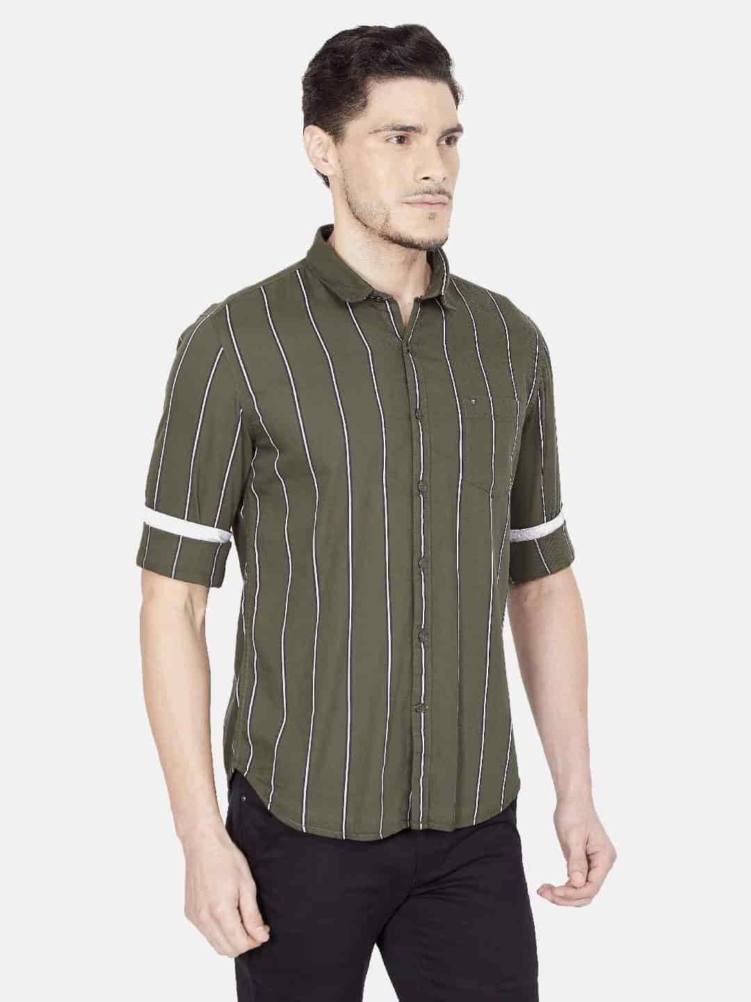 Oxemberg Men'S Cotton Slim-Fit Striped Casual Shirt (Ojn1414F, Olive)