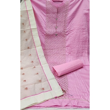 pink colour dress material Banarasi cotton semi silk 3pcs unstiched dress material in rani pink colour  with floral zari work