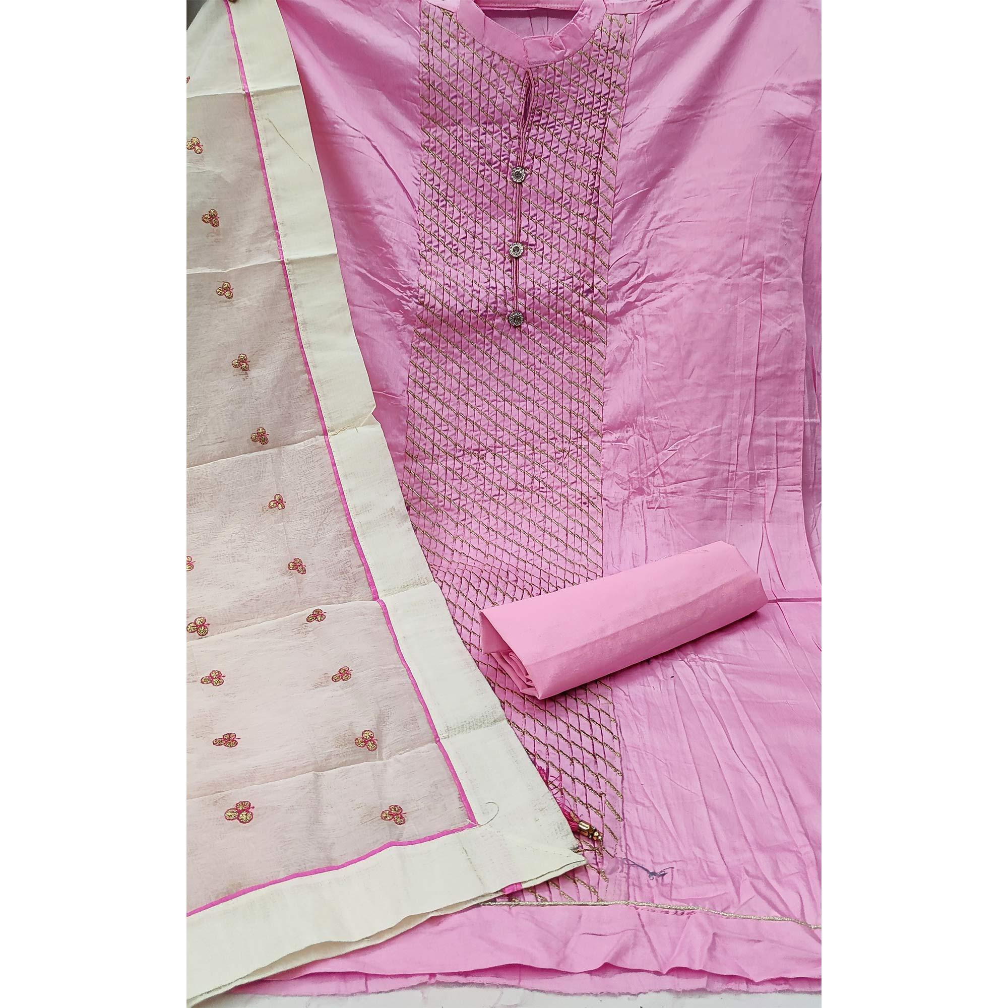 pink colour dress material Banarasi cotton semi silk 3pcs unstiched dress material in rani pink colour with floral zari work