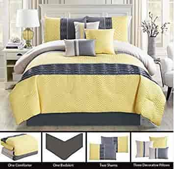 Queen Yellow Modern 7 Piece Bedding Grey